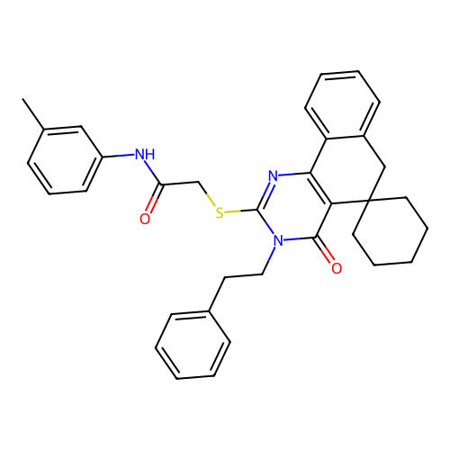 2-((4-oxo-3-phenethyl-4,6-dihydro-3H-spiro[benzo[h]quinazoline-5,1'-cyclohexan]-2-yl)thio)-N-(m-tolyl)acetamide structure