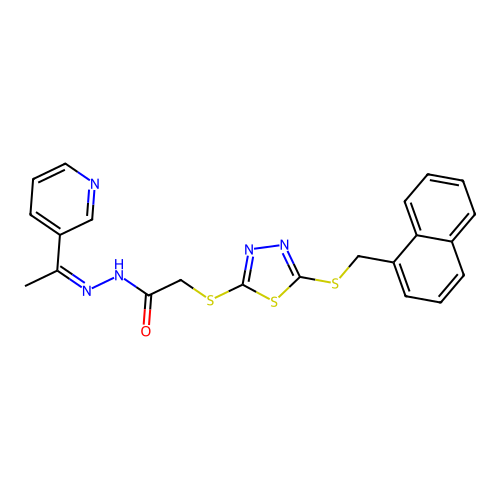 (Z)-2-((5-((naphthalen-1-ylmethyl)thio)-1,3,4-thiadiazol-2-yl)thio)-N'-(1-(pyridin-3-yl)ethylidene)acetohydrazide structure