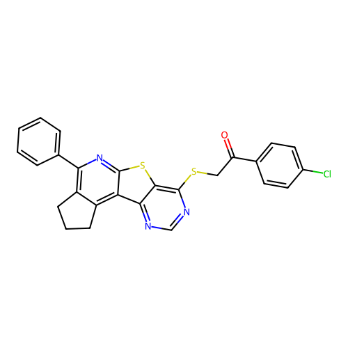 1-(4-chlorophenyl)-2-((4-phenyl-2,3-dihydro-1H-cyclopenta[4',5']pyrido[3',2':4,5]thieno[3,2-d]pyrimidin-7-yl)thio)ethanone structure