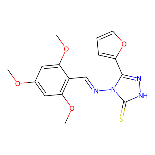 (E)-5-(furan-2-yl)-4-((2,4,6-trimethoxybenzylidene)amino)-4H-1,2,4-triazole-3-thiol structure
