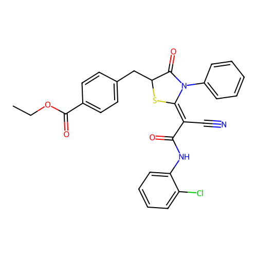 (Z)-ethyl 4-((2-(2-((2-chlorophenyl)amino)-1-cyano-2-oxoethylidene)-4-oxo-3-phenylthiazolidin-5-yl)methyl)benzoate structure