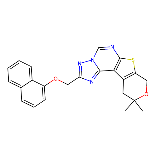 10,10-dimethyl-2-((naphthalen-1-yloxy)methyl)-10,11-dihydro-8H-pyrano[4',3':4,5]thieno[3,2-e][1,2,4]triazolo[1,5-c]pyrimidine structure