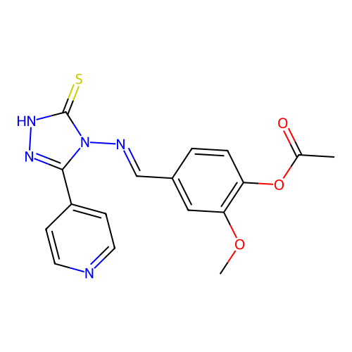 (E)-4-(((3-mercapto-5-(pyridin-4-yl)-4H-1,2,4-triazol-4-yl)imino)methyl)-2-methoxyphenyl acetate structure