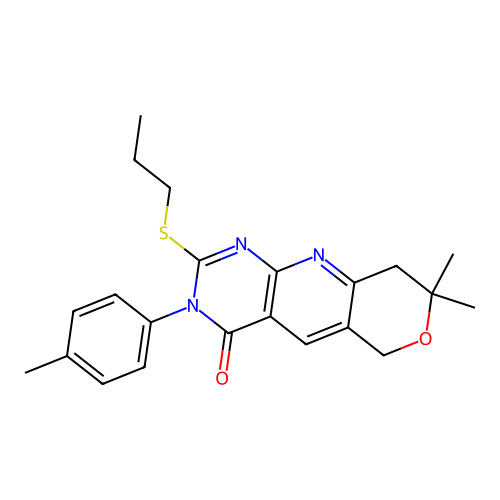 8,8-dimethyl-2-(propylthio)-3-(p-tolyl)-8,9-dihydro-3H-pyrano[3',4':5,6]pyrido[2,3-d]pyrimidin-4(6H)-one structure