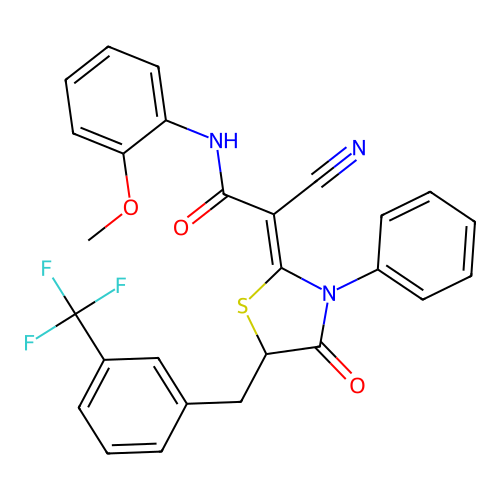 (Z)-2-cyano-N-(2-methoxyphenyl)-2-(4-oxo-3-phenyl-5-(3-(trifluoromethyl)benzyl)thiazolidin-2-ylidene)acetamide structure