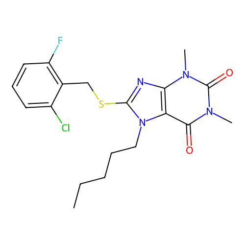 8-[(2-chloro-6-fluorobenzyl)sulfanyl]-1,3-dimethyl-7-pentyl-3,7-dihydro-1H-purine-2,6-dione structure