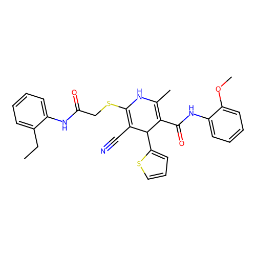 5-cyano-6-((2-((2-ethylphenyl)amino)-2-oxoethyl)thio)-N-(2-methoxyphenyl)-2-methyl-4-(thiophen-2-yl)-1,4-dihydropyridine-3-carboxamide structure