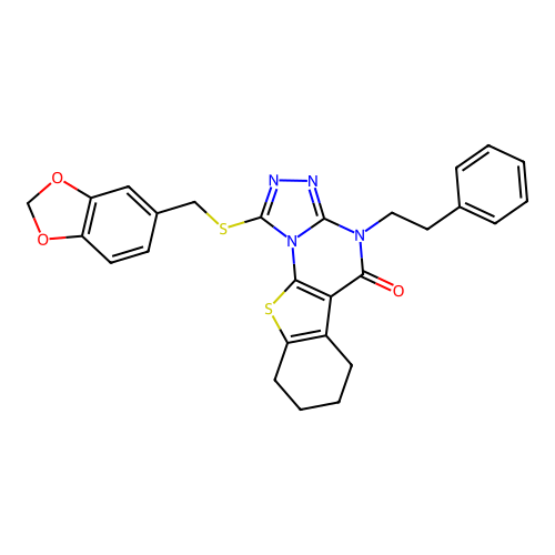 1-((benzo[d][1,3]dioxol-5-ylmethyl)thio)-4-phenethyl-6,7,8,9-tetrahydrobenzo[4,5]thieno[3,2-e][1,2,4]triazolo[4,3-a]pyrimidin-5(4H)-one structure