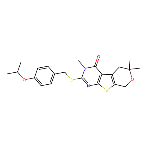 2-((4-isopropoxybenzyl)thio)-3,6,6-trimethyl-5,6-dihydro-3H-pyrano[4',3':4,5]thieno[2,3-d]pyrimidin-4(8H)-one structure