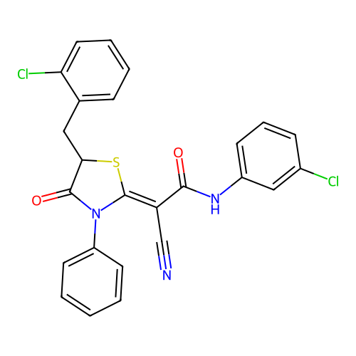 (2Z)-2-[5-(2-chlorobenzyl)-4-oxo-3-phenyl-1,3-thiazolidin-2-ylidene]-N-(3-chlorophenyl)-2-cyanoethanamide structure