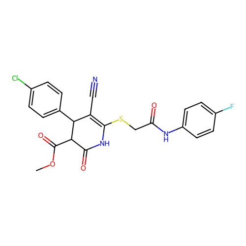 methyl 4-(4-chlorophenyl)-5-cyano-6-({2-[(4-fluorophenyl)amino]-2-oxoethyl}sulfanyl)-2-oxo-1,2,3,4-tetrahydropyridine-3-carboxylate structure