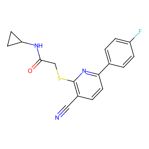2-{[3-cyano-6-(4-fluorophenyl)pyridin-2-yl]sulfanyl}-N-cyclopropylacetamide structure
