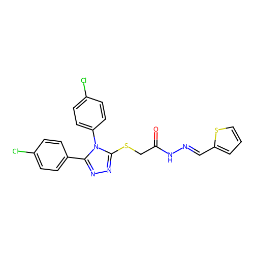 (E)-2-((4,5-bis(4-chlorophenyl)-4H-1,2,4-triazol-3-yl)thio)-N'-(thiophen-2-ylmethylene)acetohydrazide structure