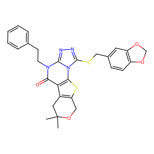 1-((benzo[d][1,3]dioxol-5-ylmethyl)thio)-7,7-dimethyl-4-phenethyl-6,7-dihydro-4H-pyrano[4',3':4,5]thieno[3,2-e][1,2,4]triazolo[4,3-a]pyrimidin-5(9H)-one structure