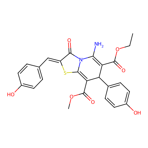 6-ethyl 8-methyl (2Z)-5-amino-2-(4-hydroxybenzylidene)-7-(4-hydroxyphenyl)-3-oxo-2,3-dihydro-7H-[1,3]thiazolo[3,2-a]pyridine-6,8-dicarboxylate structure