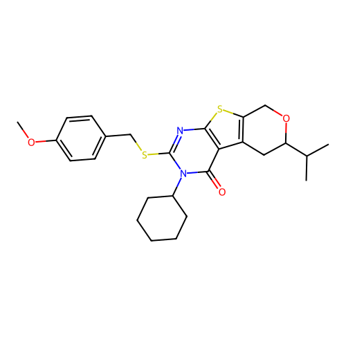 3-cyclohexyl-2-[(4-methoxybenzyl)sulfanyl]-6-(propan-2-yl)-3,5,6,8-tetrahydro-4H-pyrano[4',3':4,5]thieno[2,3-d]pyrimidin-4-one structure