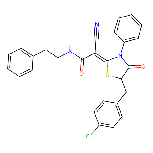 (2Z)-2-[5-(4-chlorobenzyl)-4-oxo-3-phenyl-1,3-thiazolidin-2-ylidene]-2-cyano-N-(2-phenylethyl)ethanamide structure