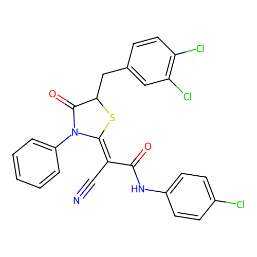 (2Z)-N-(4-chlorophenyl)-2-cyano-2-[5-(3,4-dichlorobenzyl)-4-oxo-3-phenyl-1,3-thiazolidin-2-ylidene]ethanamide structure