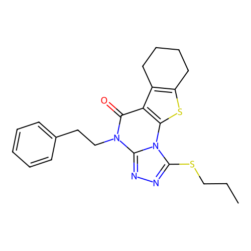 4-(2-phenylethyl)-1-(propylsulfanyl)-6,7,8,9-tetrahydro[1]benzothieno[3,2-e][1,2,4]triazolo[4,3-a]pyrimidin-5(4H)-one structure