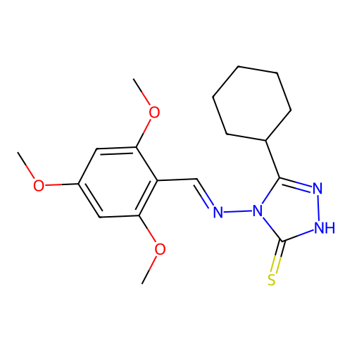 3-cyclohexyl-4-[(E)-(2,4,6-trimethoxyphenyl)methylideneamino]-1H-1,2,4-triazole-5-thione structure