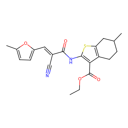 (E)-ethyl 2-(2-cyano-3-(5-methylfuran-2-yl)acrylamido)-6-methyl-4,5,6,7-tetrahydrobenzo[b]thiophene-3-carboxylate structure