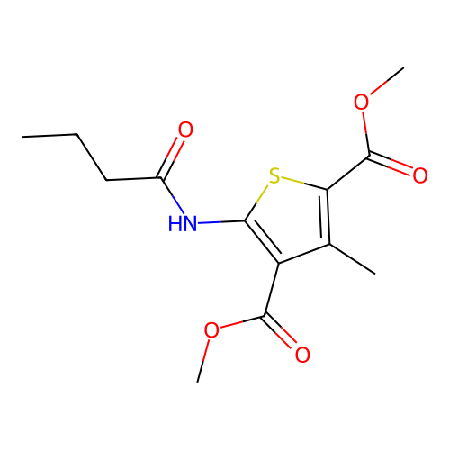 Dimethyl 5-(butanoylamino)-3-methylthiophene-2,4-dicarboxylate structure