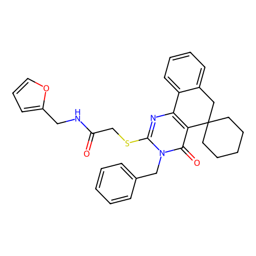 2-((3-benzyl-4-oxo-4,6-dihydro-3H-spiro[benzo[h]quinazoline-5,1'-cyclohexan]-2-yl)thio)-N-(furan-2-ylmethyl)acetamide structure