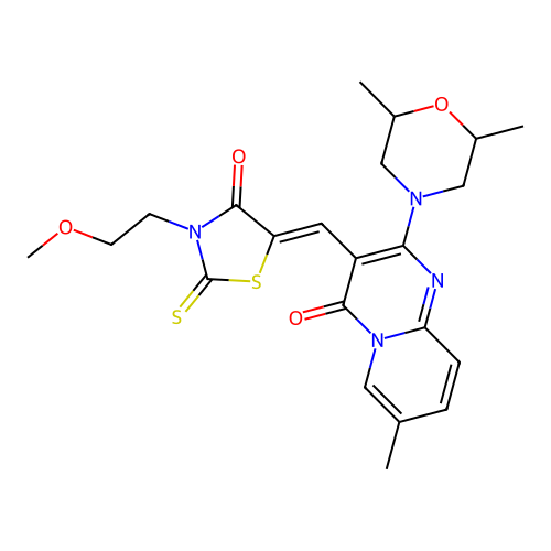 2-(2,6-dimethylmorpholin-4-yl)-3-{(Z)-[3-(2-methoxyethyl)-4-oxo-2-thioxo-1,3-thiazolidin-5-ylidene]methyl}-7-methyl-4H-pyrido[1,2-a]pyrimidin-4-one structure