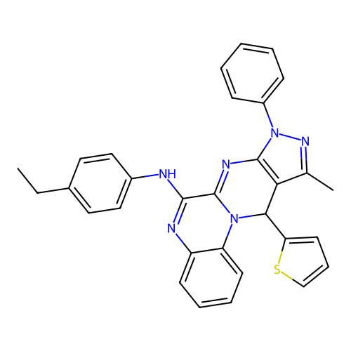 N-(4-ethylphenyl)-10-methyl-8-phenyl-11-(thiophen-2-yl)-8,11-dihydropyrazolo[3',4':4,5]pyrimido[1,2-a]quinoxalin-6-amine structure