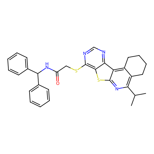 N-(diphenylmethyl)-2-{[5-(propan-2-yl)-1,2,3,4-tetrahydropyrimido[4',5':4,5]thieno[2,3-c]isoquinolin-8-yl]sulfanyl}acetamide structure