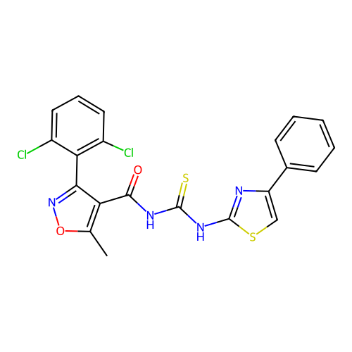 3-(2,6-dichlorophenyl)-5-methyl-N-[(4-phenyl-1,3-thiazol-2-yl)carbamothioyl]-1,2-oxazole-4-carboxamide structure