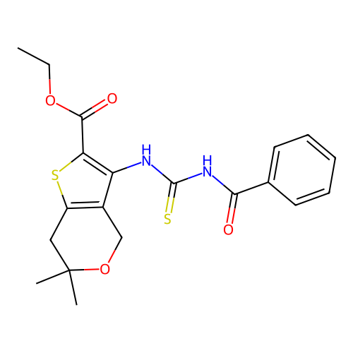 ethyl 3-(3-benzoylthioureido)-6,6-dimethyl-6,7-dihydro-4H-thieno[3,2-c]pyran-2-carboxylate structure