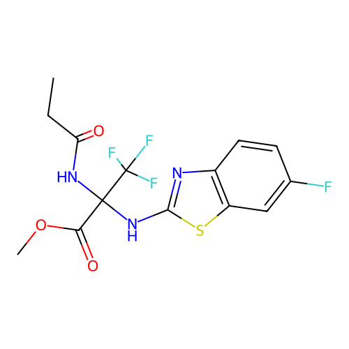 methyl 3,3,3-trifluoro-N-(6-fluoro-1,3-benzothiazol-2-yl)-2-(propanoylamino)alaninate structure