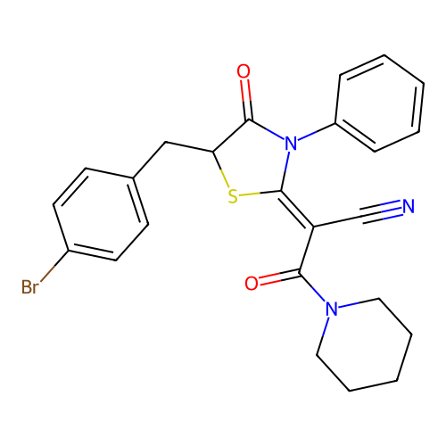 (2Z)-2-[5-(4-bromobenzyl)-4-oxo-3-phenyl-1,3-thiazolidin-2-ylidene]-3-oxo-3-(piperidin-1-yl)propanenitrile structure
