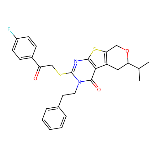 2-((2-(4-fluorophenyl)-2-oxoethyl)thio)-6-isopropyl-3-phenethyl-5,6-dihydro-3H-pyrano[4',3':4,5]thieno[2,3-d]pyrimidin-4(8H)-one structure