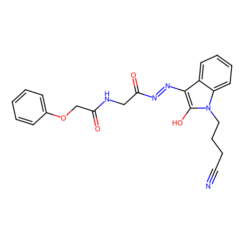 N-[(E)-[1-(3-cyanopropyl)-2-oxoindol-3-ylidene]amino]-2-[(2-phenoxyacetyl)amino]acetamide structure