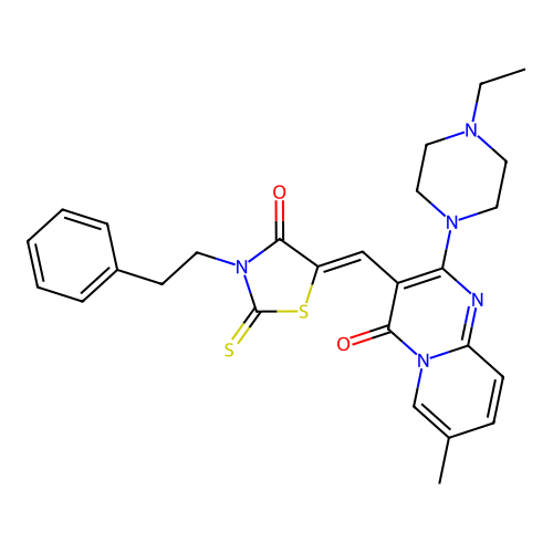 2-(4-ethylpiperazin-1-yl)-7-methyl-3-{(Z)-[4-oxo-3-(2-phenylethyl)-2-thioxo-1,3-thiazolidin-5-ylidene]methyl}-4H-pyrido[1,2-a]pyrimidin-4-one structure
