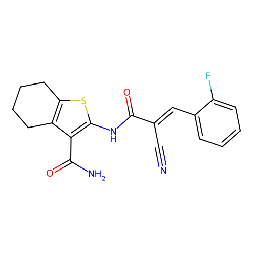 (E)-2-(2-cyano-3-(2-fluorophenyl)acrylamido)-4,5,6,7-tetrahydrobenzo[b]thiophene-3-carboxamide structure