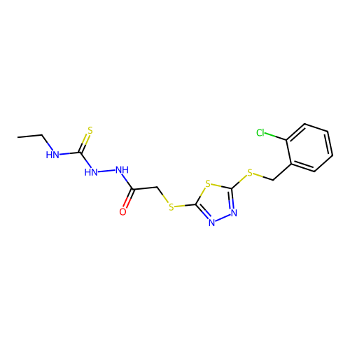 1-[[2-[[5-[(2-chlorophenyl)methylsulfanyl]-1,3,4-thiadiazol-2-yl]sulfanyl]acetyl]amino]-3-ethylthiourea structure