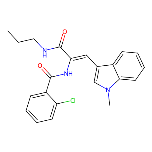 2-chloro-N-[(Z)-1-(1-methylindol-3-yl)-3-oxo-3-(propylamino)prop-1-en-2-yl]benzamide structure