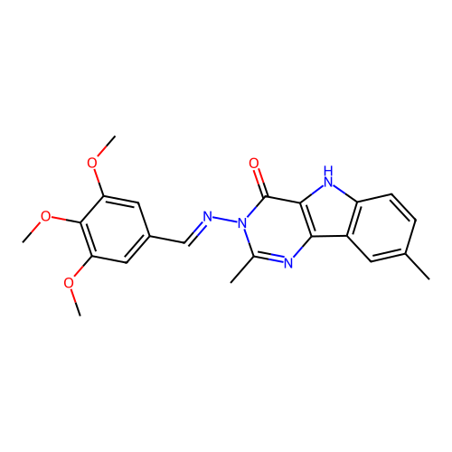 (E)-2,8-dimethyl-3-((3,4,5-trimethoxybenzylidene)amino)-3H-pyrimido[5,4-b]indol-4(5H)-one structure