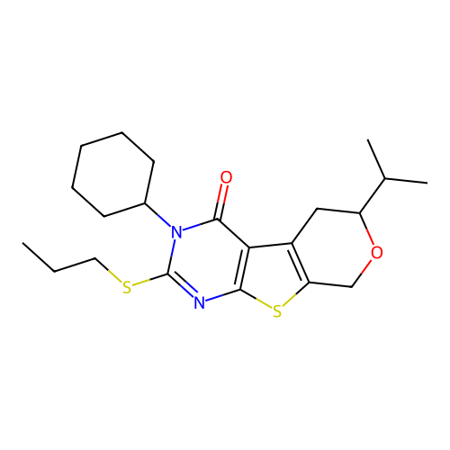3-cyclohexyl-6-(propan-2-yl)-2-(propylsulfanyl)-3,5,6,8-tetrahydro-4H-pyrano[4',3':4,5]thieno[2,3-d]pyrimidin-4-one structure