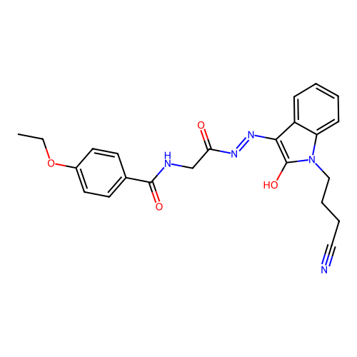 N-[[[1-(3-cyanopropyl)-2-oxo-indol-3-ylidene]amino]carbamoylmethyl]-4-ethoxy-benzamide structure