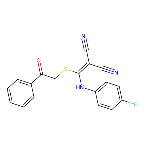 2-[(4-fluoroanilino)-phenacylsulfanylmethylidene]propanedinitrile structure