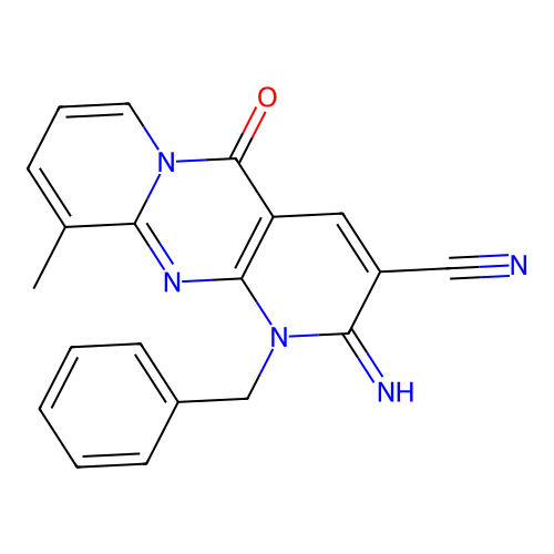 1-benzyl-2-imino-10-methyl-5-oxo-1,5-dihydro-2H-dipyrido[1,2-a:2',3'-d]pyrimidine-3-carbonitrile structure