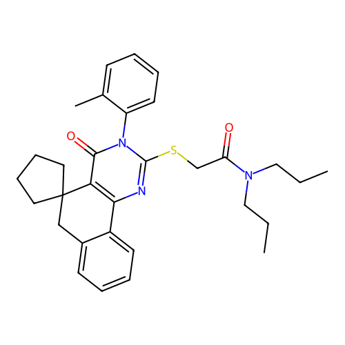 2-((4-oxo-3-(o-tolyl)-4,6-dihydro-3H-spiro[benzo[h]quinazoline-5,1'-cyclopentan]-2-yl)thio)-N,N-dipropylacetamide structure