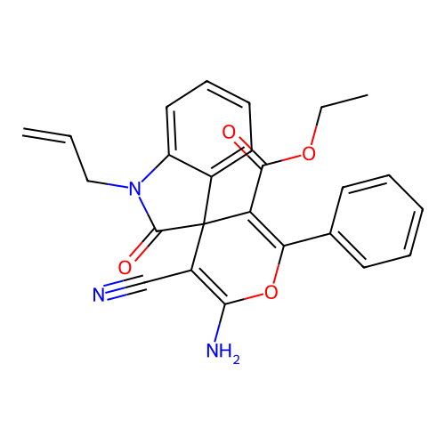 ethyl 6'-amino-5'-cyano-2-oxo-2'-phenyl-1-(prop-2-en-1-yl)-1,2-dihydrospiro[indole-3,4'-pyran]-3'-carboxylate structure