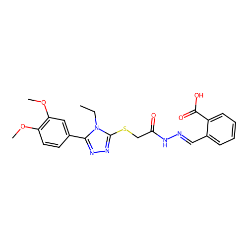 (E)-2-((2-(2-((5-(3,4-dimethoxyphenyl)-4-ethyl-4H-1,2,4-triazol-3-yl)thio)acetyl)hydrazono)methyl)benzoic acid structure
