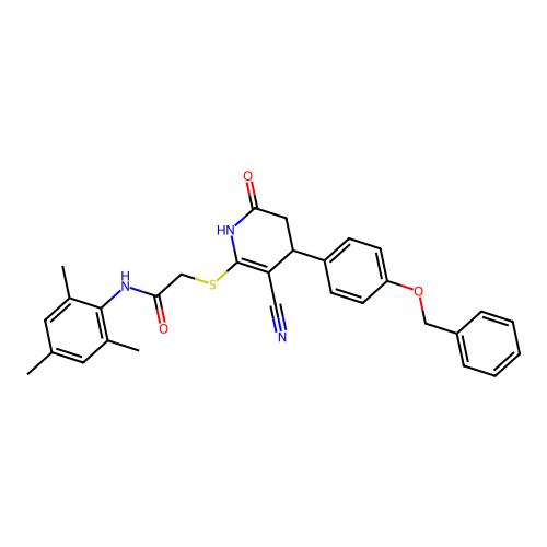 2-((4-(4-(benzyloxy)phenyl)-3-cyano-6-oxo-1,4,5,6-tetrahydropyridin-2-yl)thio)-N-mesitylacetamide structure