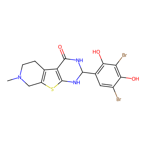 2-(3,5-dibromo-2,4-dihydroxyphenyl)-7-methyl-2,3,5,6,7,8-hexahydropyrido[4',3':4,5]thieno[2,3-d]pyrimidin-4(1H)-one structure
